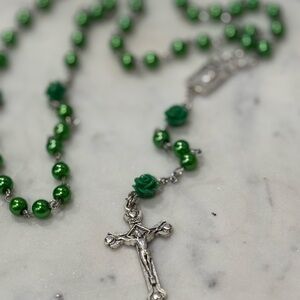 Green and Silver Rosary Necklace